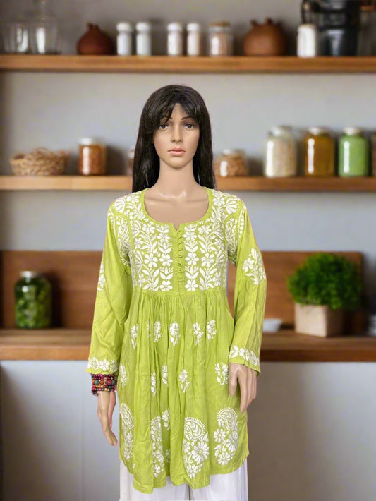 Lucknowi Chikankari Green Modal Short Kurti-T000033