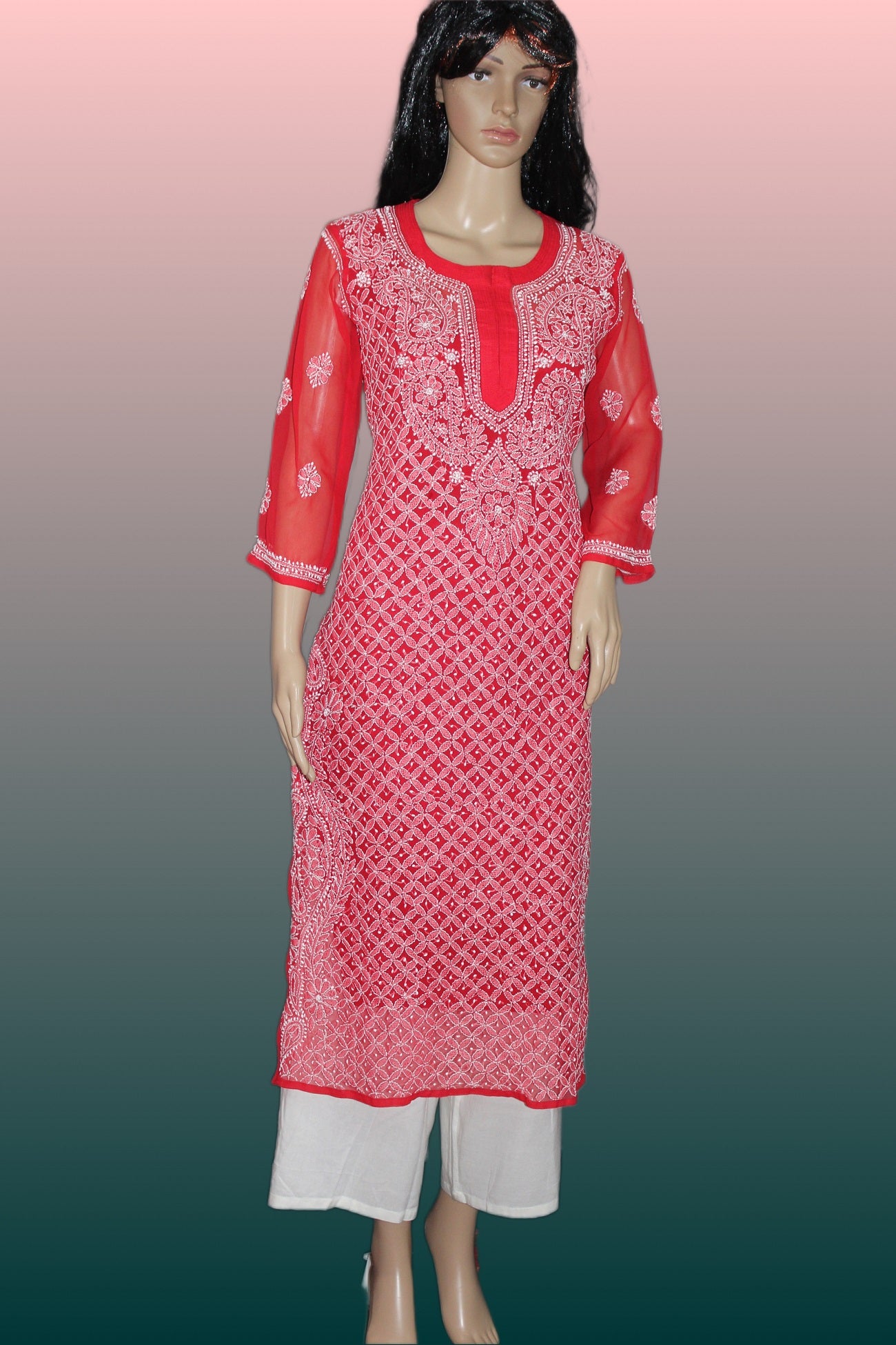 Lucknowi Chikankari Red 'Surkh' Georgette Kurti-K30050
