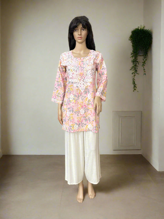 Lucknowi Chikankari Pink Printed Cotton Short Kurti-K000043