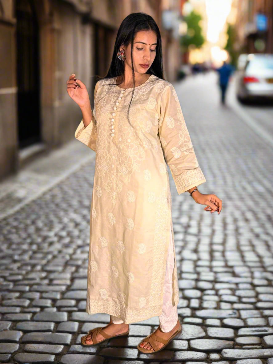 Lucknowi Chikankari Fawn 'Harnai Rang' Cotton Kurti-K40095