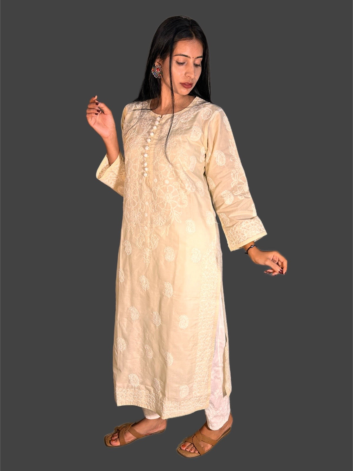 Lucknowi Chikankari Fawn 'Karimi' Cotton Kurti-K40024