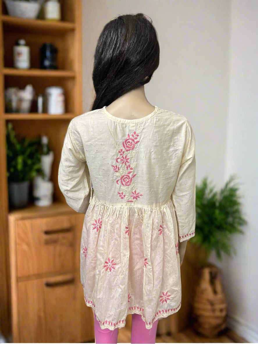 Lucknowi Chikankari Fawn Chanderi Angrakha Styled Short Kurti-T50021