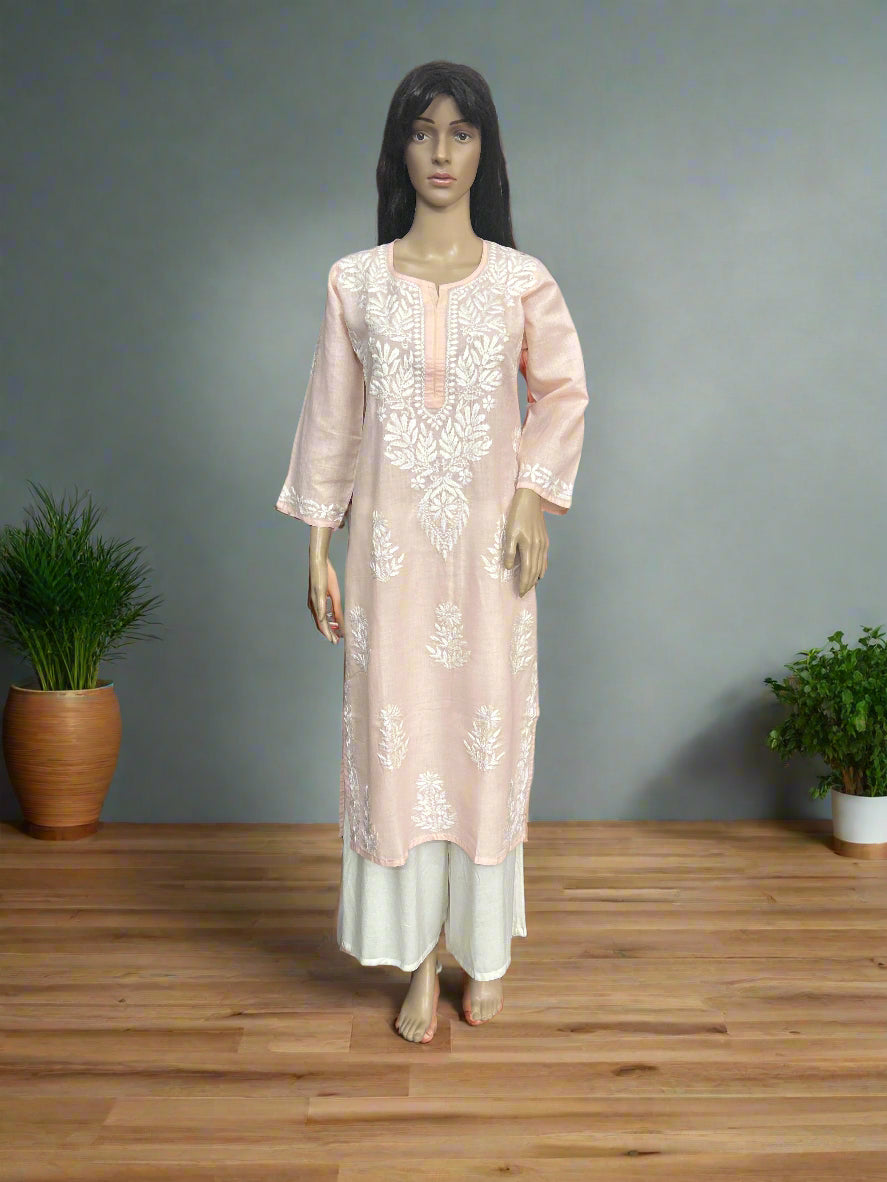 Lucknowi Chikankari Peach Cotton Kurti-K000134