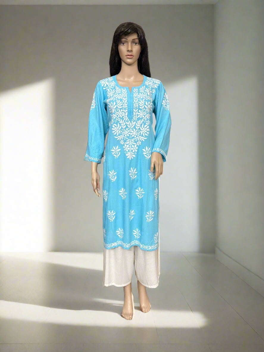 Lucknowi Chikankari Blue Rayon Kurti-K000160