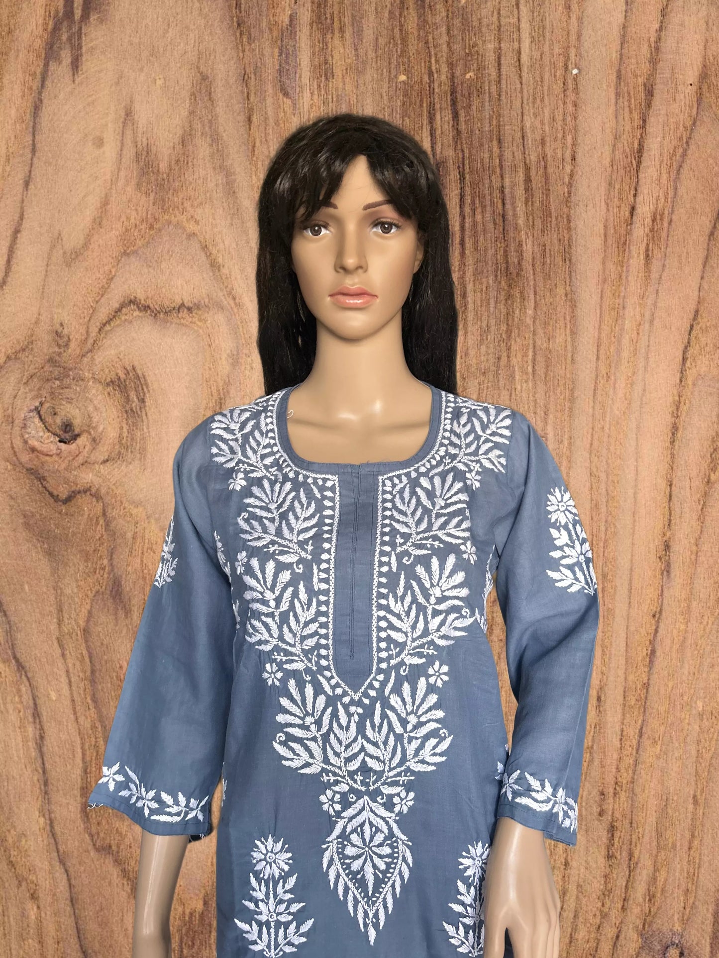 Lucknowi Chikankari Bluish Grey Cotton Kurti-K000117