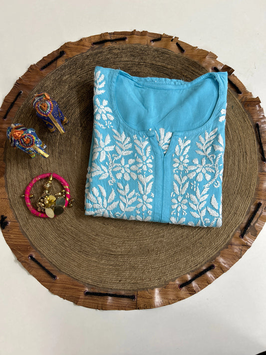 Lucknowi Chikankari Blue Rayon Kurti-K000160