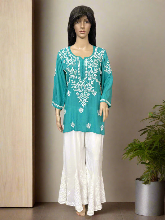 Lucknowi Chikankari Green Rayon Short Kurti-T000072