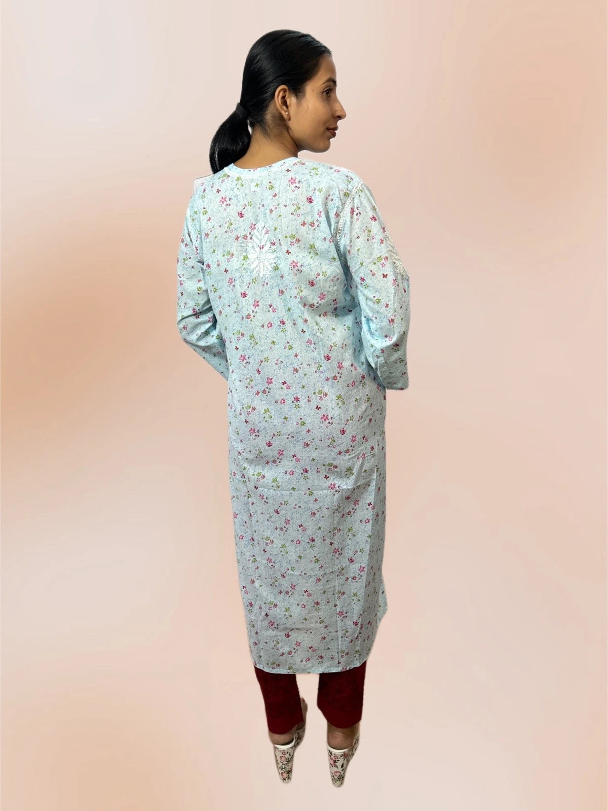 Lucknowi Chikankari Sky Blue Printed Cotton Kurti-K000084