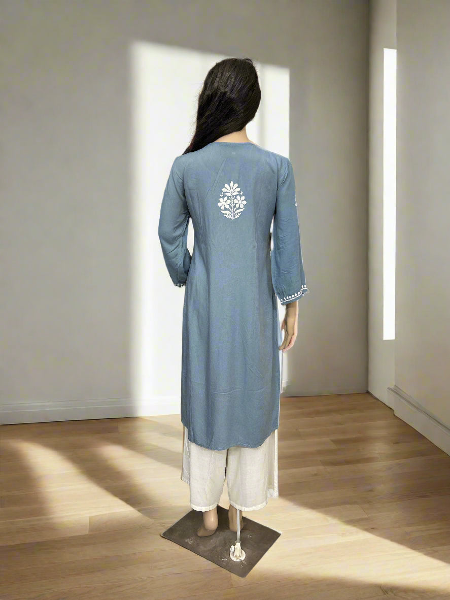 Lucknowi Chikankari Grey Rayon Kurti-K000161