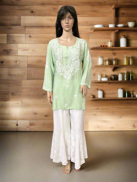 Lucknowi Chikankari Green Rayon Short Kurti-T70001