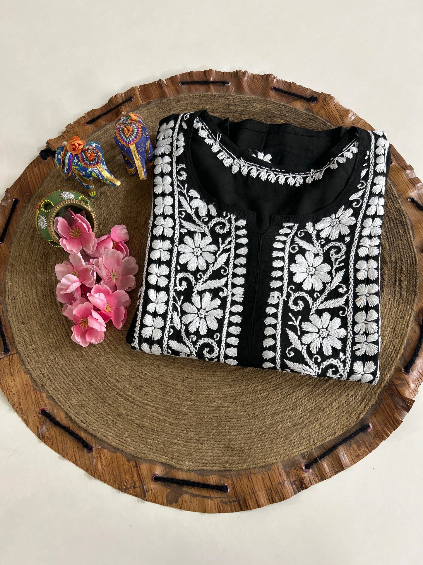 Lucknowi Chikankari Black Modal Kurti-K000139