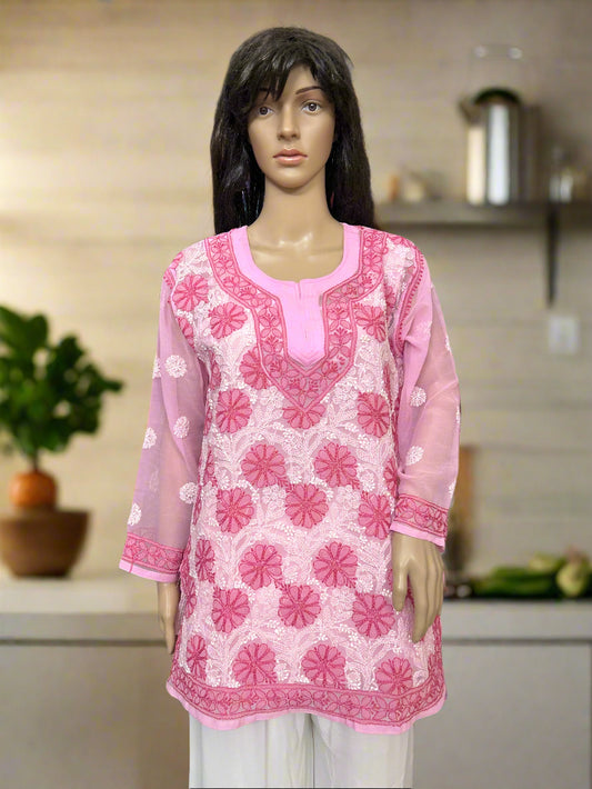 Lucknowi Chikankari Pink Georgette Short Kurti-T40002