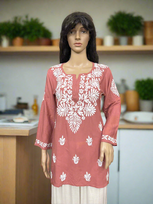 Lucknowi Chikankari Dusty Rose Modal Short Kurti-T50005