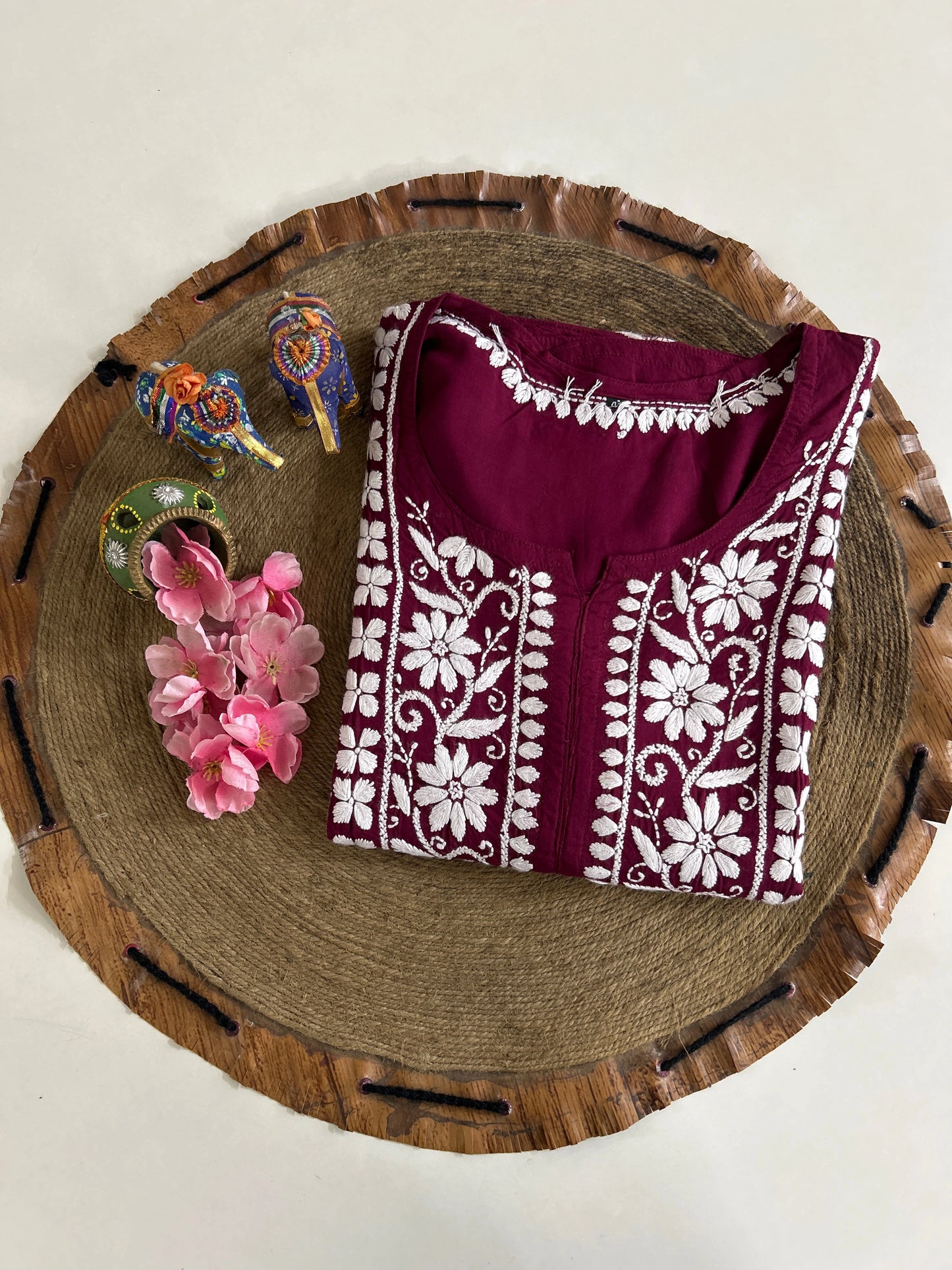 Lucknowi Chikankari Maroon Modal Kurti-K000140