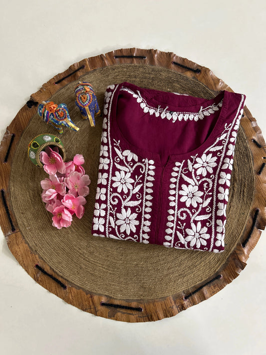 Lucknowi Chikankari Maroon Modal Kurti-K000140