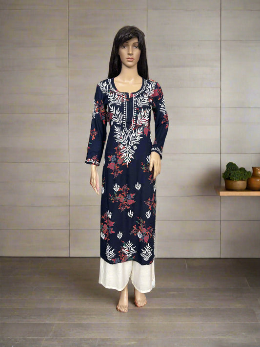 Lucknowi Chikankari Navy Blue 'Aab-e-Asmaan' Printed Rayon Kurti-K30079