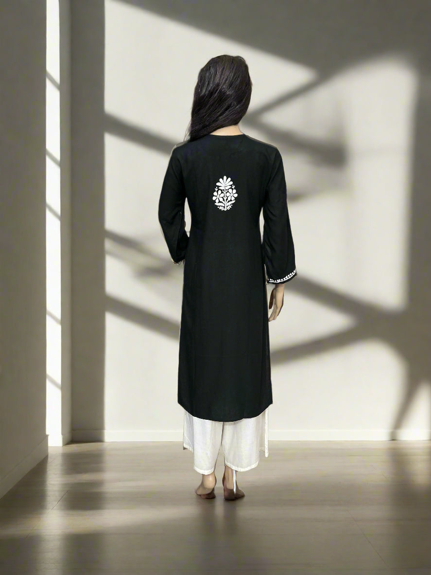 Lucknowi Chikankari Black Rayon Kurti-K000157
