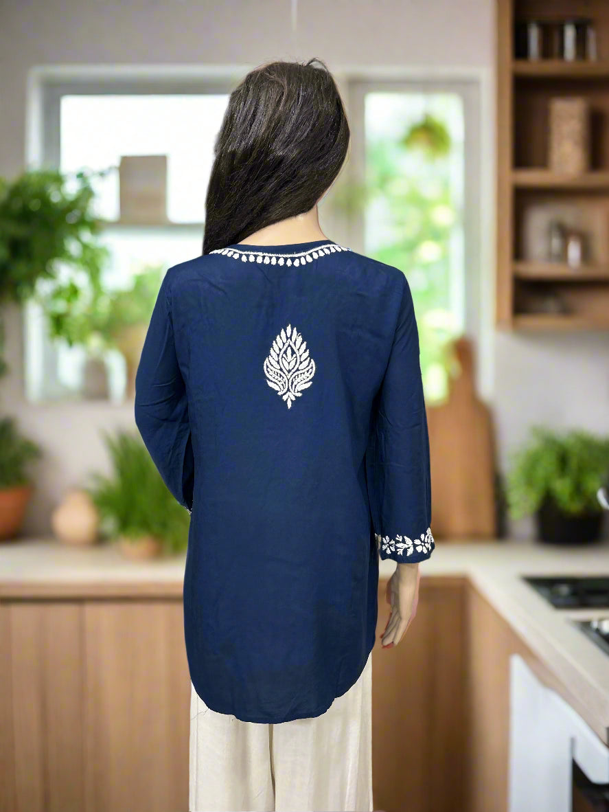 Lucknowi Chikankari Navy Blue Modal Short Kurti-T000046