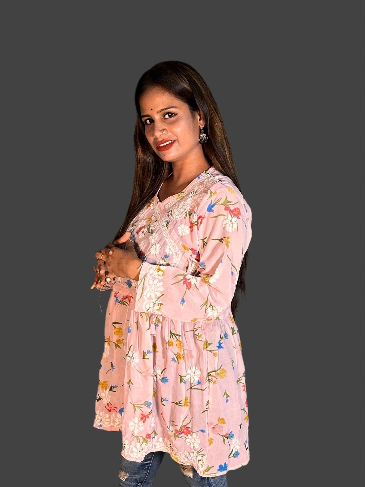 Lucknowi Chikankari Pink 'Shagufta' Printed Georgette Angrakha Styled Short Kurti-T40004