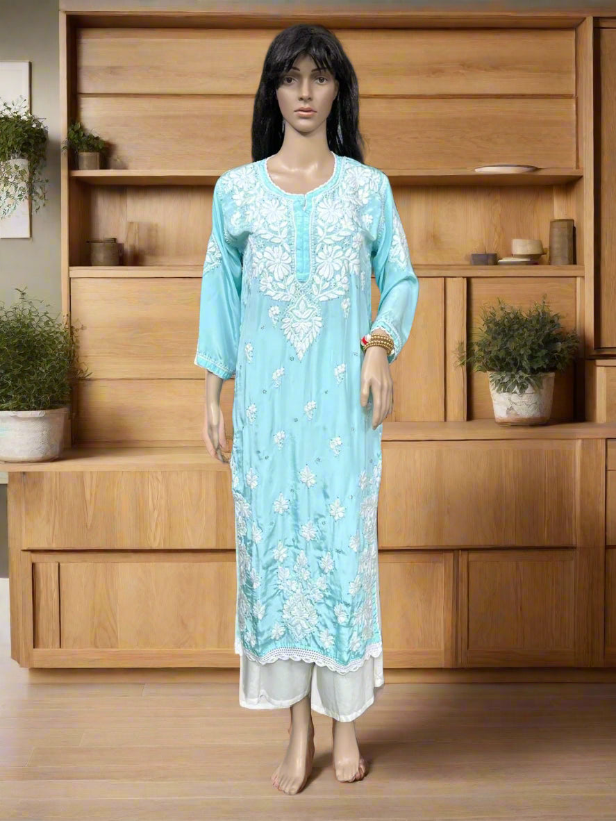 Lucknowi Chikankari Crape Blue Kurti-K000130