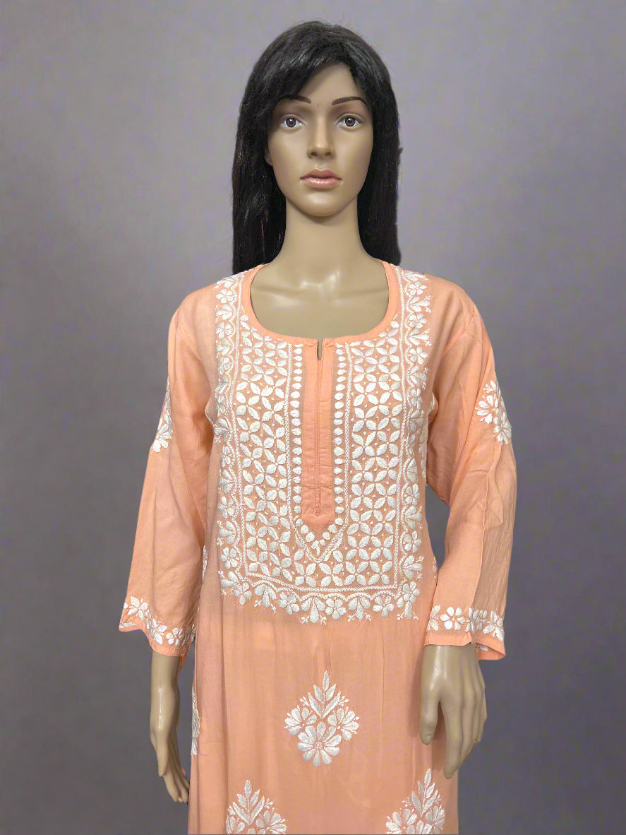 Lucknowi Chikankari Peach 'Aarooi' Modal Kurti-K60058