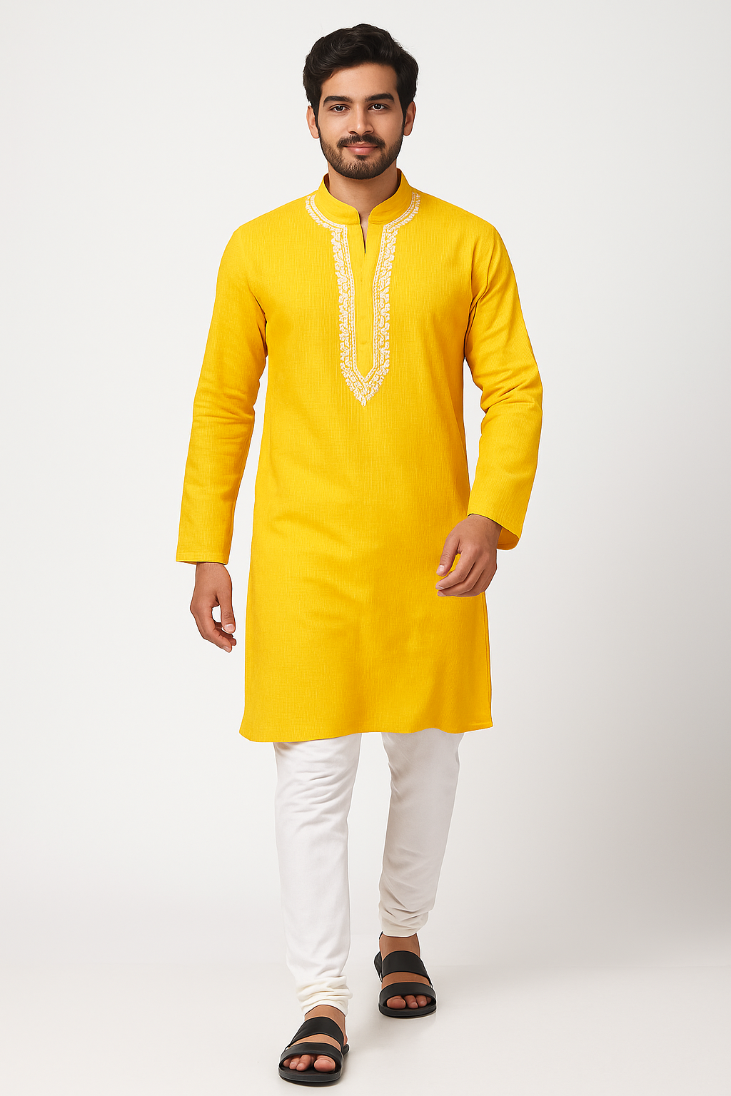 Lucknowi Chikankari Yellow 'Sunehri' Cotton Gents Kurta-GK00028