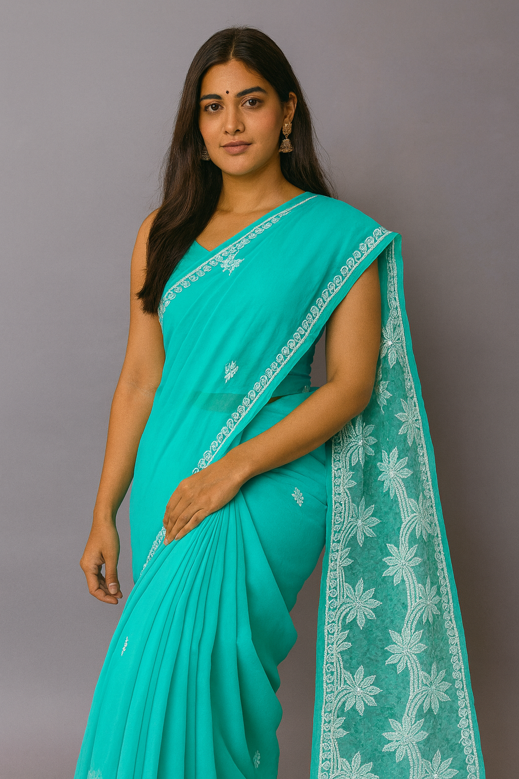 Lucknowi Chikankari Green 'Bahar' Georgette Saree (With Blouse)-S00034