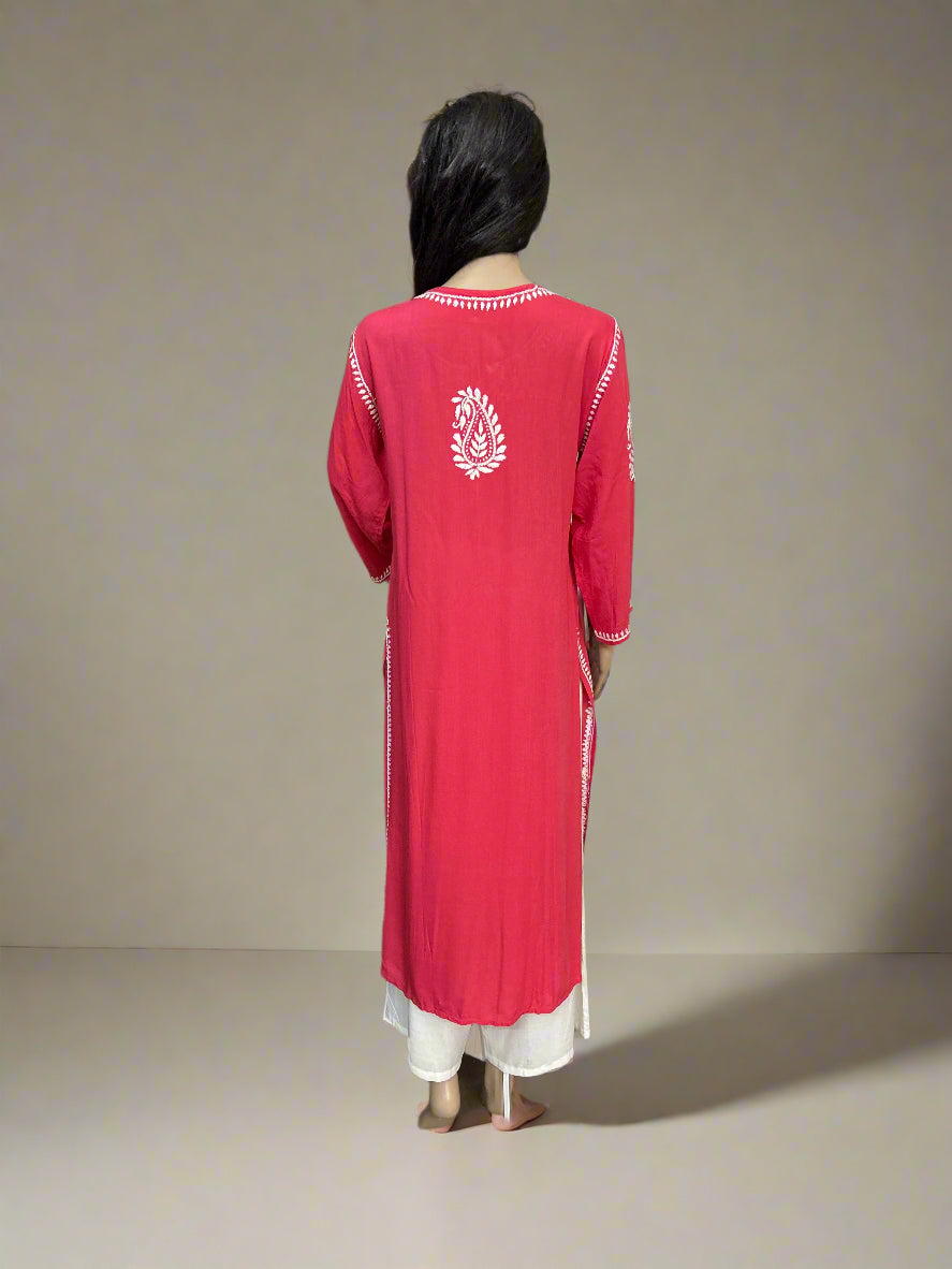Lucknowi Chikankari Coral Pink Rayon Kurti-K40085