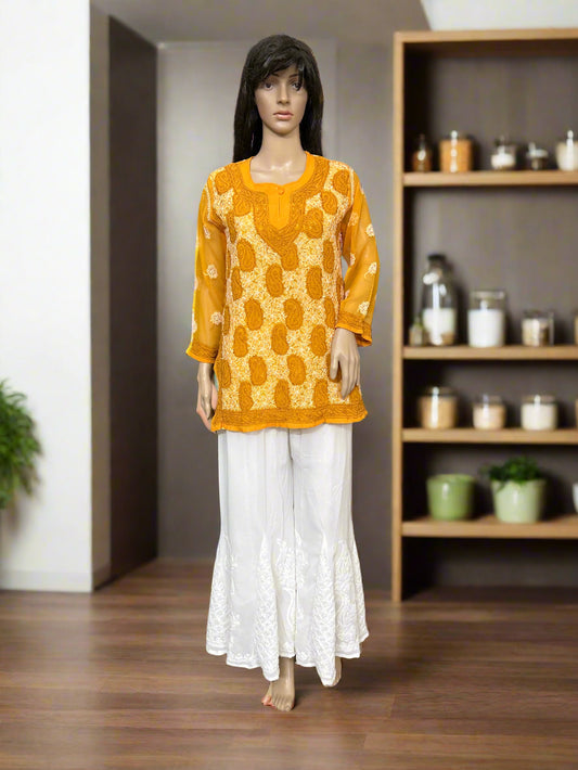 Lucknowi Chikankari Yellow 'Sunehri' Georgette Short Kurti-T30021