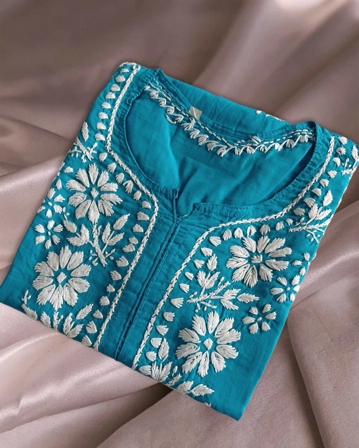 Lucknowi Chikankari Blue Cotton Short Kurti-T000030