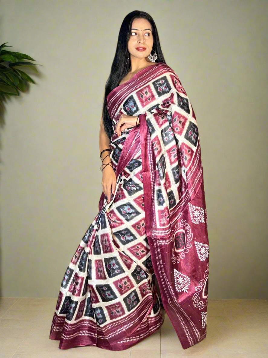 Lucknowi Chikankari Wine Printed Faux Silk Saree-PF100003