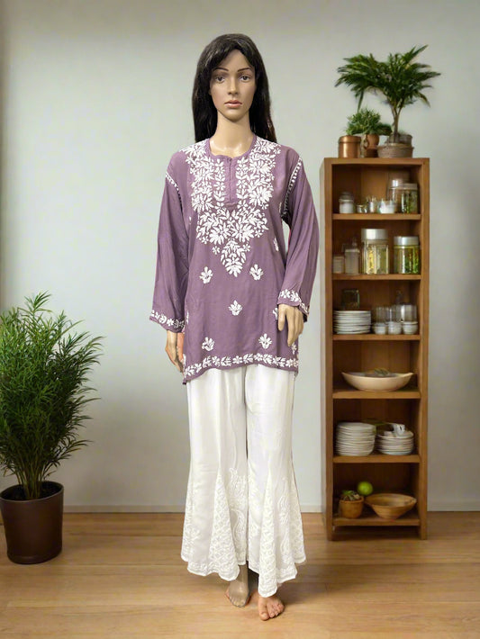 Lucknowi Chikankari Mauve Rayon Short Kurti-T60004