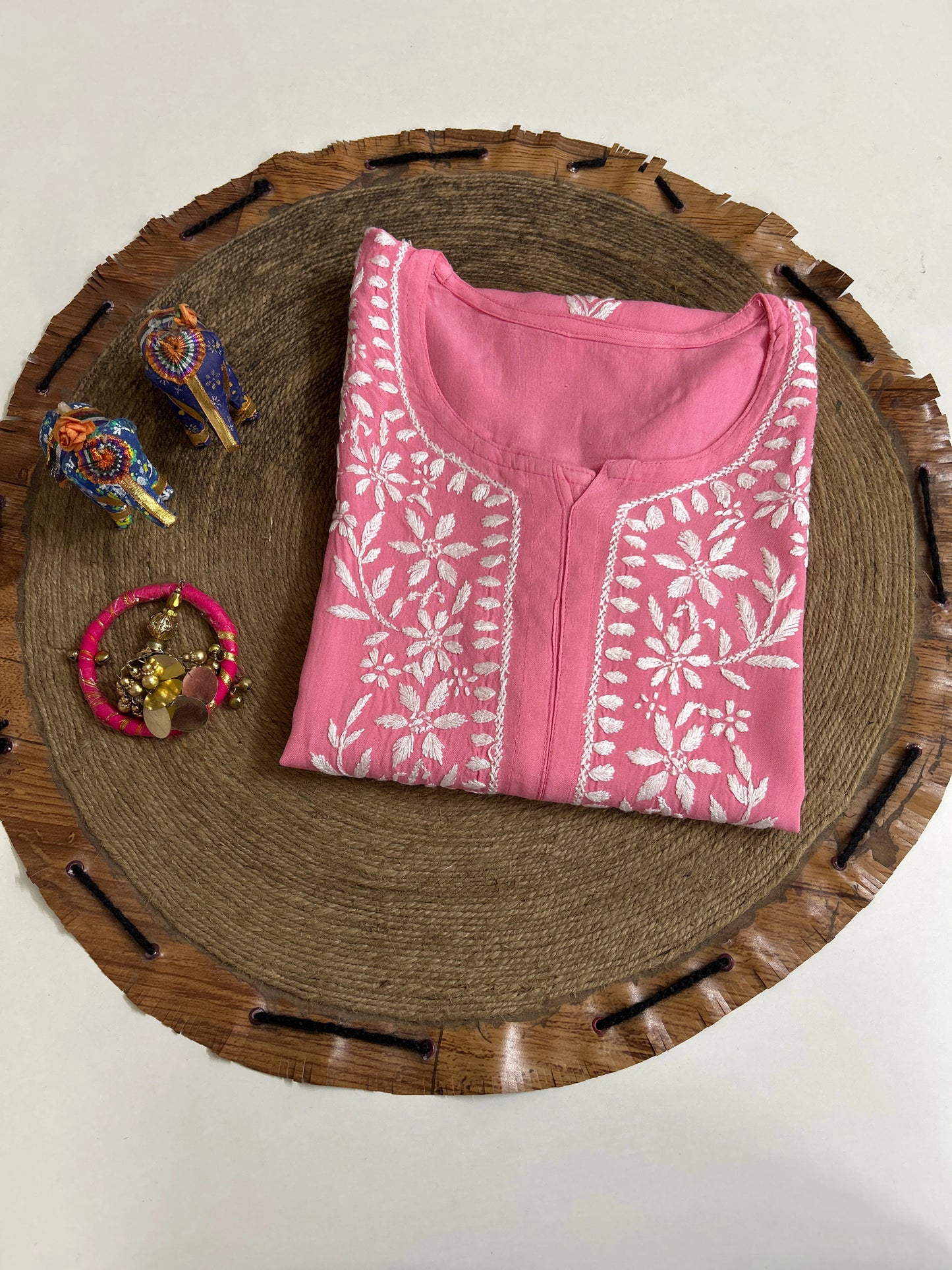 Lucknowi Chikankari Pink Rayon Kurti-K000158