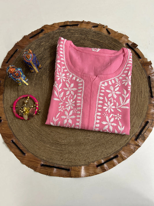 Lucknowi Chikankari Pink Rayon Kurti-K000158
