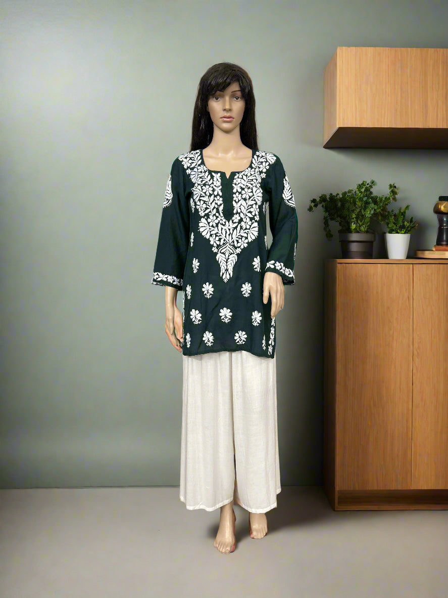 Lucknowi Chikankari Green Modal Short Kurti-T000045