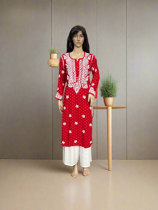 Lucknowi Chikankari Red Rayon Kurti-K20008