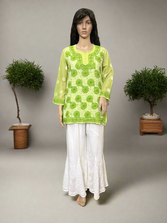 Lucknowi Chikankari Green Georgette Short Kurti-T20002