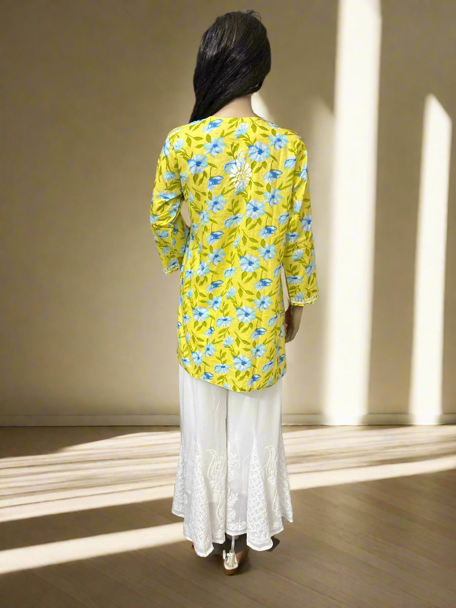 Lucknowi Chikankari Yellow Printed Cotton Short Kurti-T50019