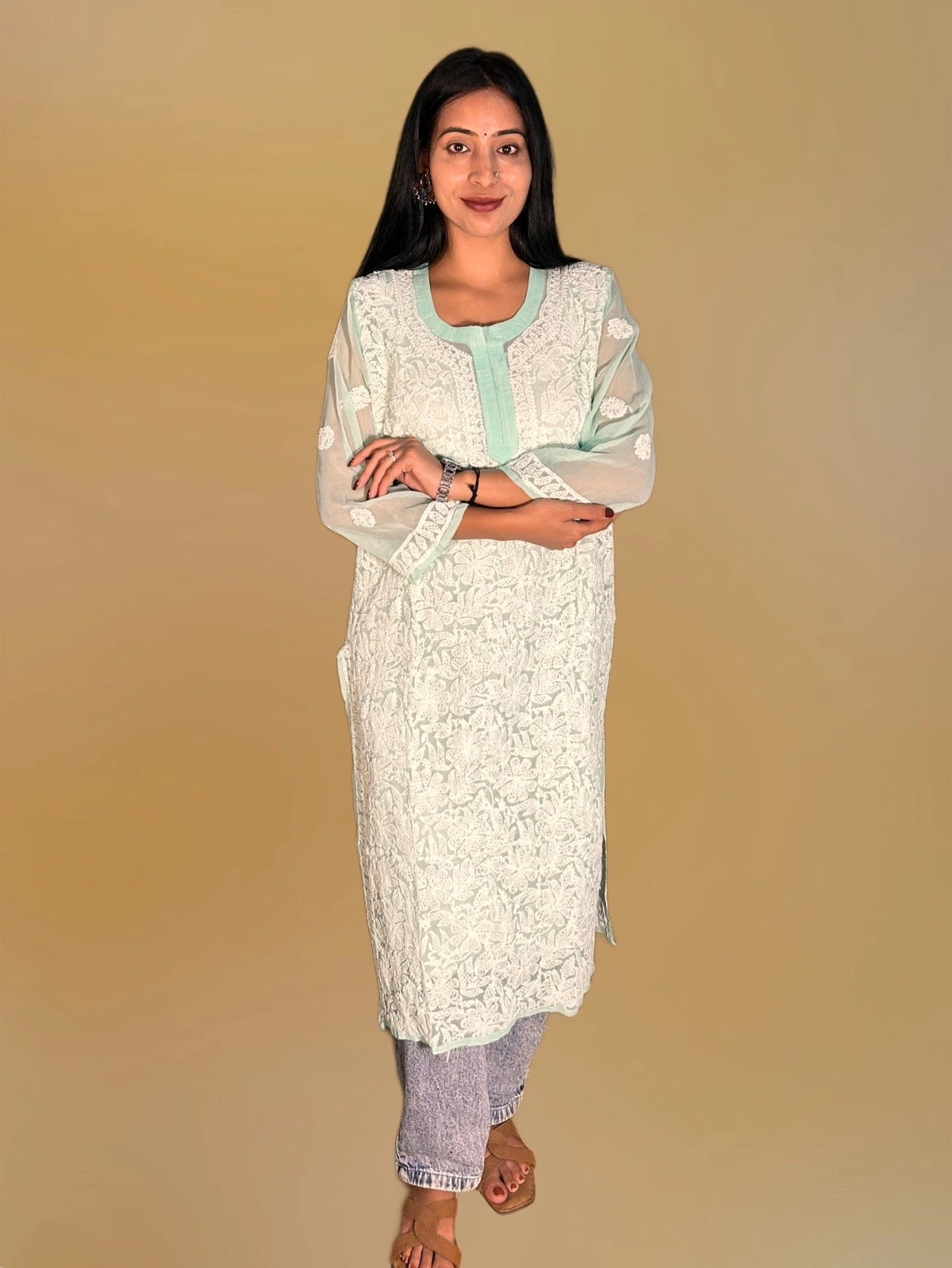 Lucknowi Chikankari Green Georgette Kurti-K000056