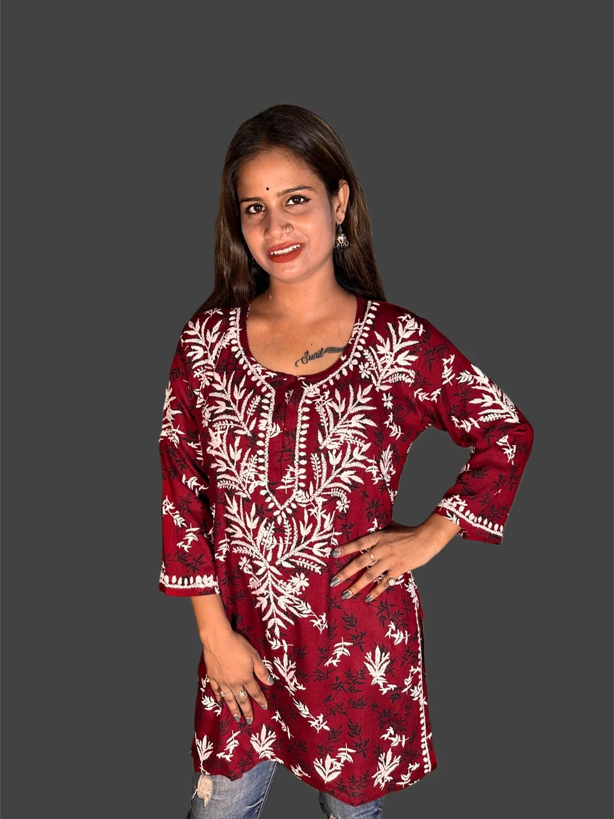 Lucknowi Chikankari Maroon 'Surkh' Printed Rayon Short Kurti-T000014