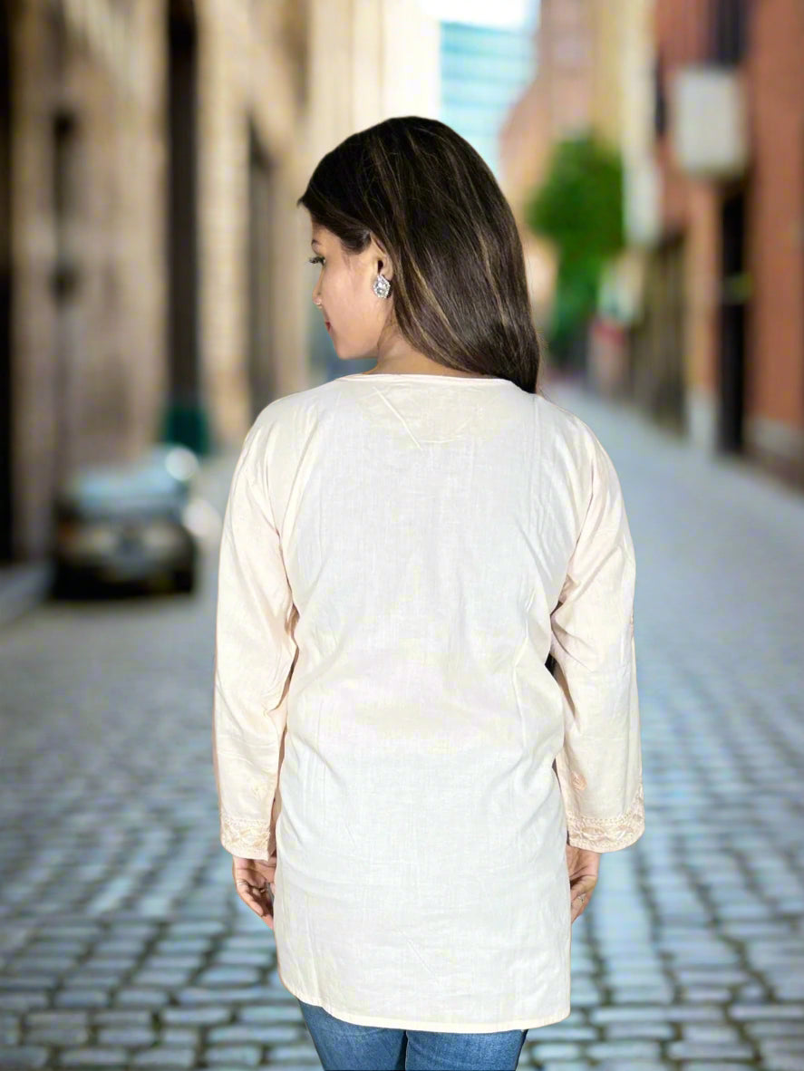 Lucknowi Chikankari Fawn Cotton Short Kurti-T40009