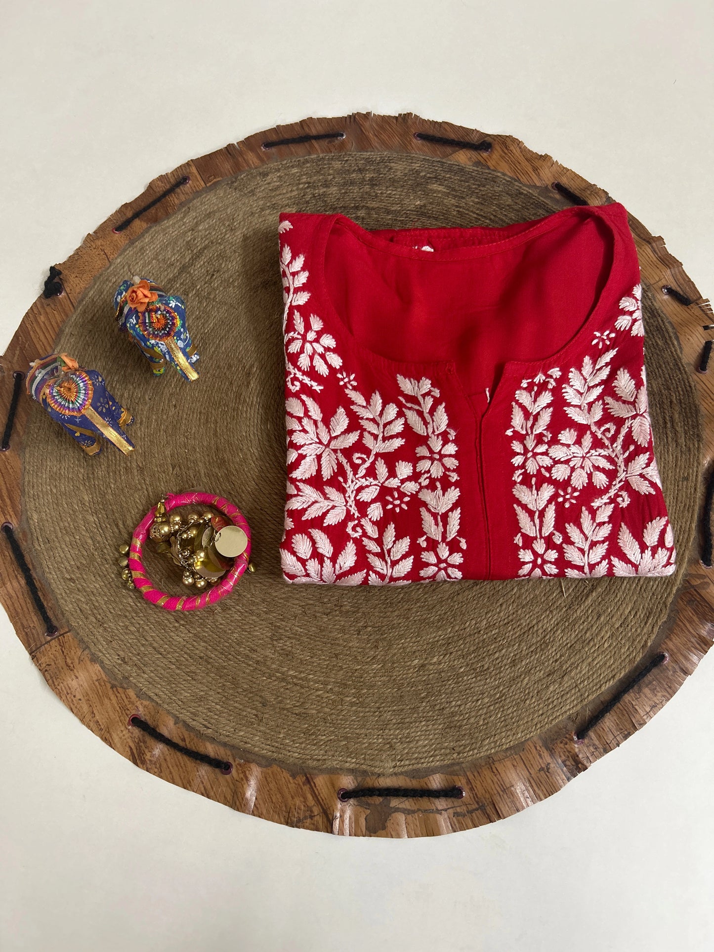 Lucknowi Chikankari Red Rayon Kurti-K000164