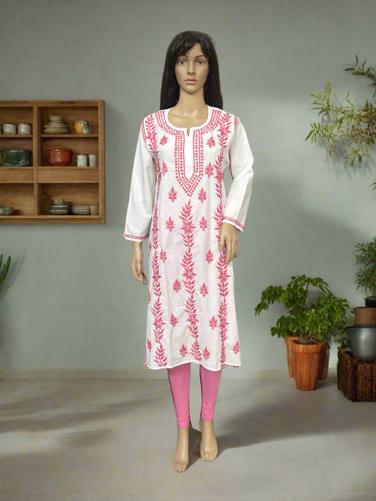 Lucknowi Chikankari White Cotton Kurti-K000038