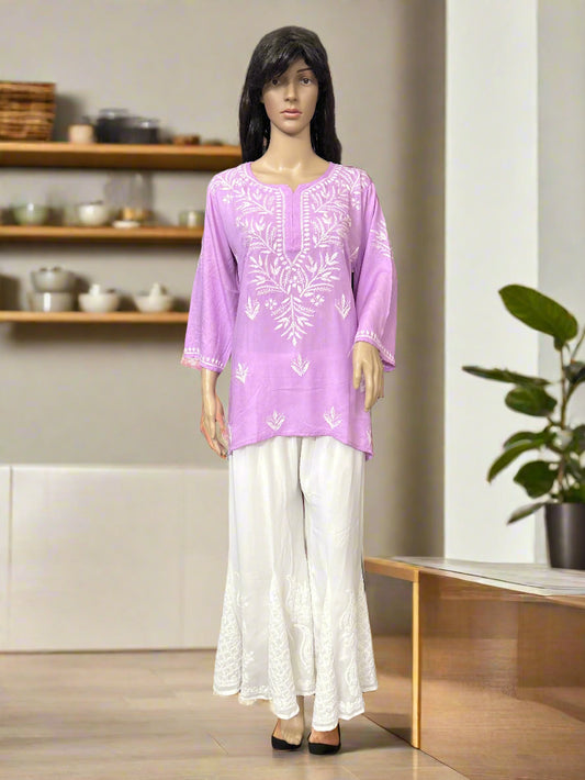 Lucknowi Chikankari Lavender Rayon Short Kurti-T000070