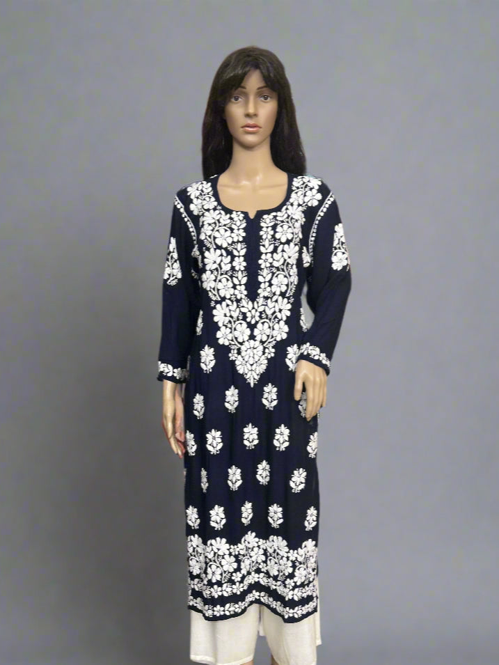 Lucknowi Chikankari Navy Blue Modal Kurti-K000150