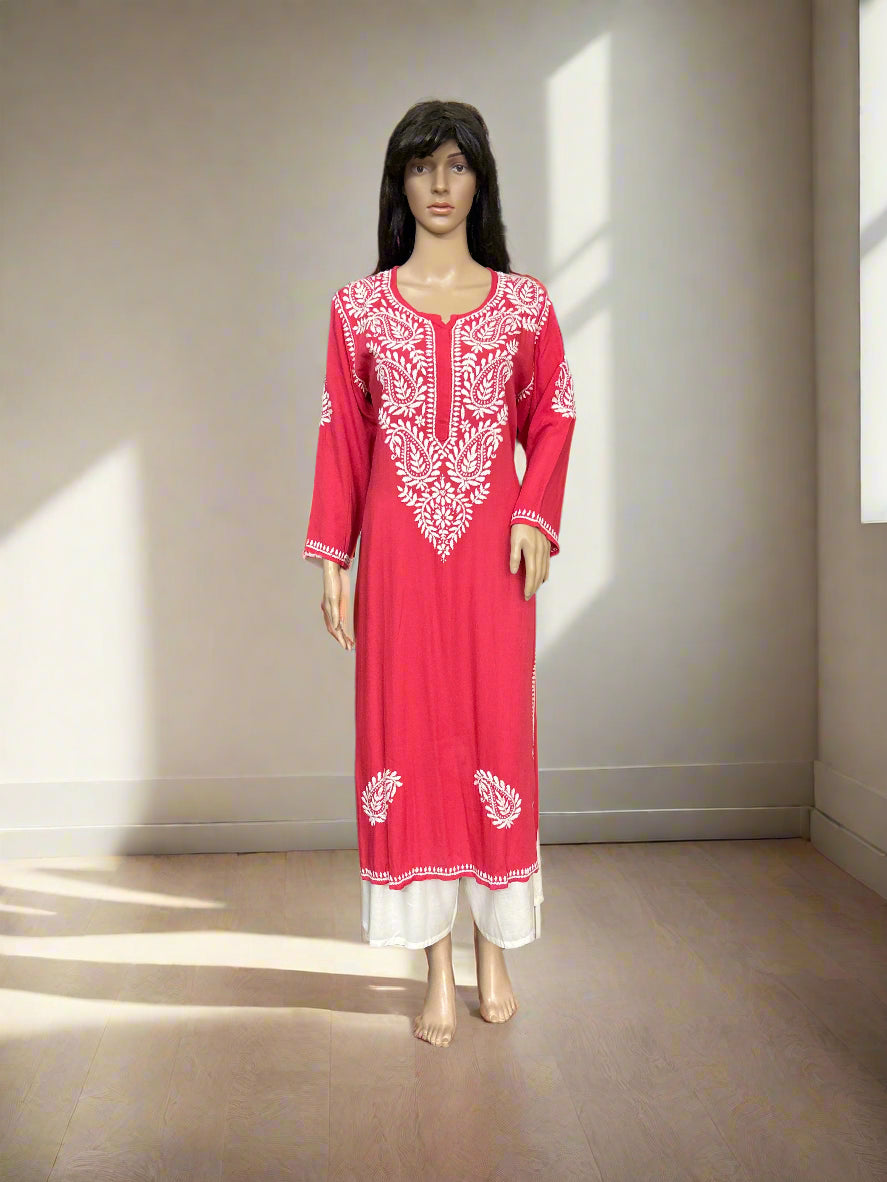 Lucknowi Chikankari Coral Pink Rayon Kurti-K40085