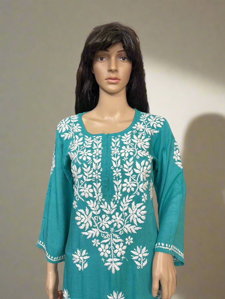 Lucknowi Chikankari Green Rayon Kurti-K000165