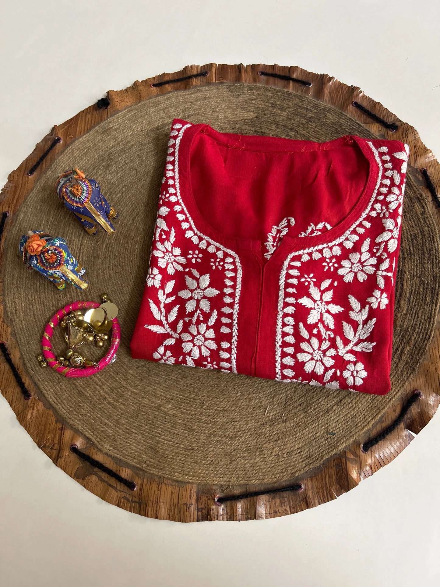 Lucknowi Chikankari Red Rayon Kurti-K000155