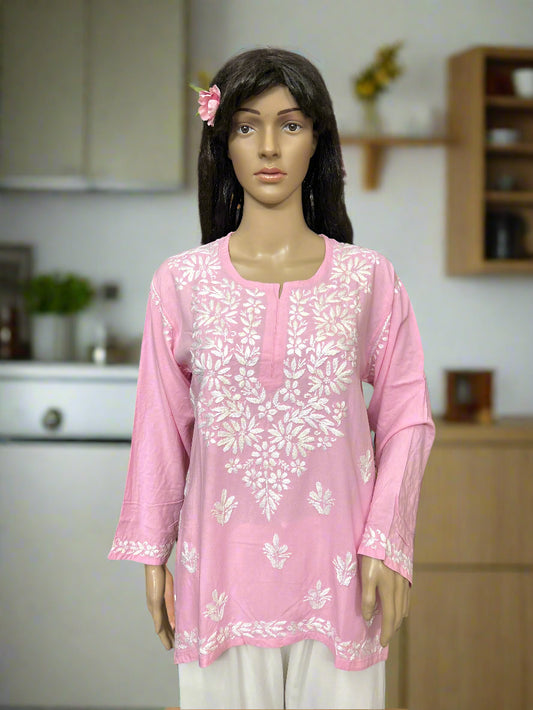Lucknowi Chikankari Pink Rayon Short Kurti-T000074