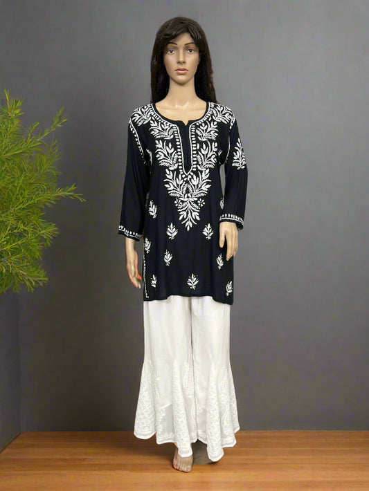 Lucknowi Chikankari Black Rayon Short Kurti-T000066